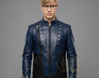 Mens Studded Leather Jacket Blue Black Two Tone Fashion Biker Custom Handmade Gift for Men
