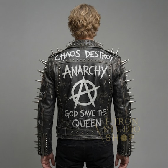 Handmade Men's Studded Punk Leather Jacket Spikes Anarchy