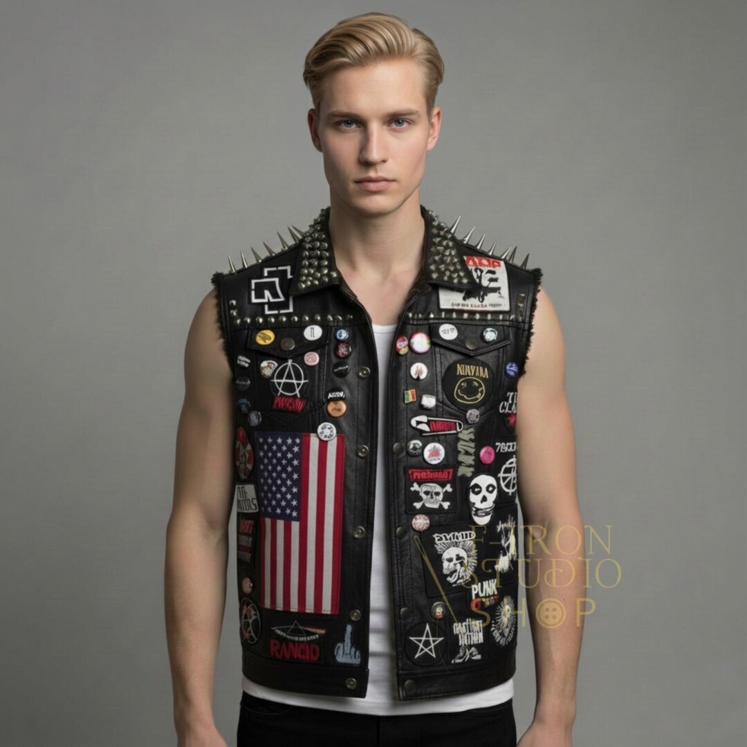 Handmade Mens Punk Rock Leather Vest Studded Battle Jacket Custom ...