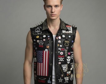 Handmade Mens Punk Rock Leather Vest Studded Battle Jacket Custom Patches Black Full Grain Leather Fashion