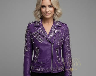 Women Purple Studded Leather Biker Jacket Handmade Punk Spike Moto Fashion Statement