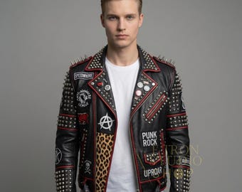 Mens Studded Leather Jacket Punk Rock Biker Handmade Spiked Patched Custom Fashion