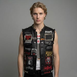 Front view of black leather studded vest open over a white distressed t-shirt.