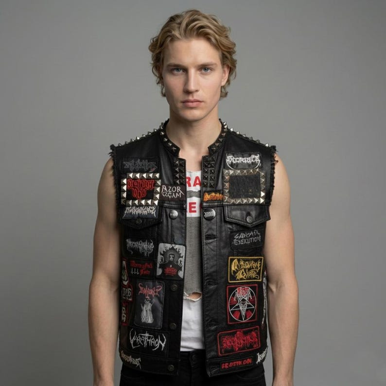 Front view of black leather studded vest open over a white distressed t-shirt.