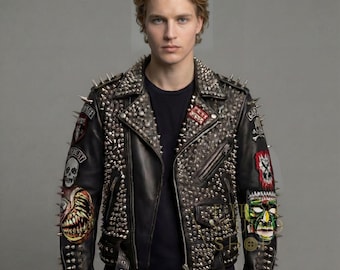 Mens Studded Punk Rock Leather Jacket Spiked Biker Motorcycle Vest Custom Handmade Black