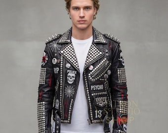 Handmade Mens Studded Leather Punk Biker Jacket Anarchy Road King Spiked Motorcycle Jacket Mens Custom Rocker Fashion