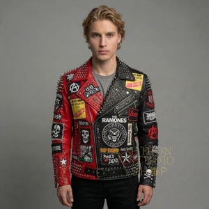 Mens Punk Rock Patch Studded Leather Jacket Ramones Misfits Handmade