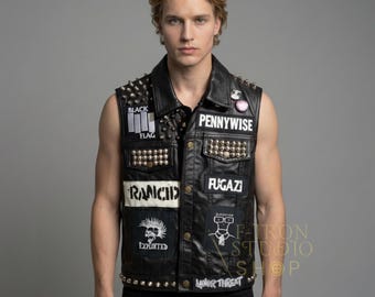 The Clash Studded Leather Vest Punk Rock Biker Jacket Mens
