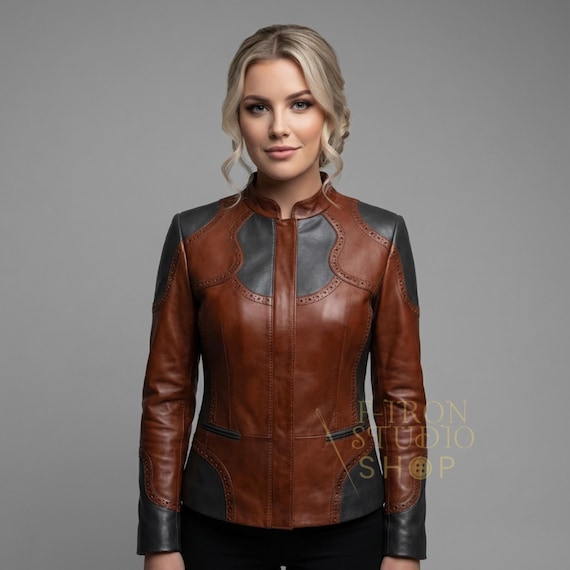 Handmade Women Leather Jacket Two Tone Brogue Detail Cognac Gray Moto Style Fitted Fashion Women's Coat