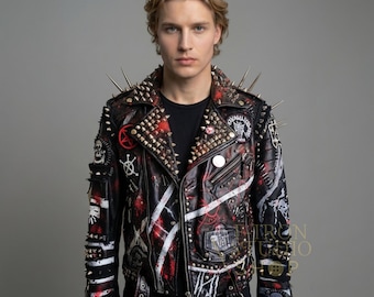 Men's Spiked Biker Leather Jacket | Steampunk Gothic Punk Rock
