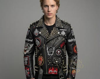 Mens Studded Leather Jacket Punk Rock Style Handmade Biker Motorcycle Spiked Patches Fashion Jacket.