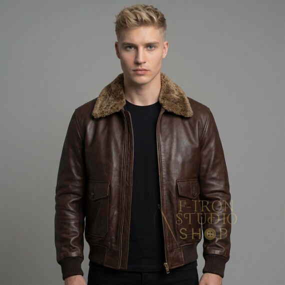 Men's 70s Style Tan Nappa Leather Bomber Jacket - Funnel Neck, Pilot Aviator, Real Leather, Sizes XS-3XL