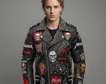 Men's Multi-studded Leather Jacket With Colorful Patches | Punk