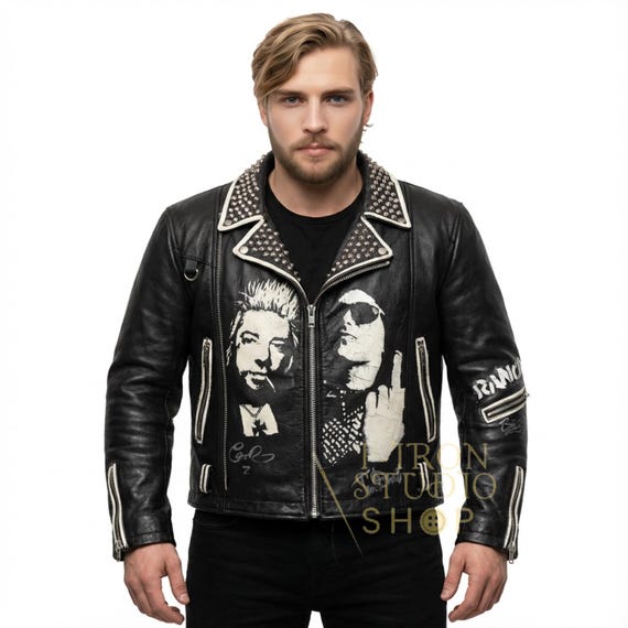 Handmade Rancid Studded Punk Leather Jacket Mens Biker Rock Custom