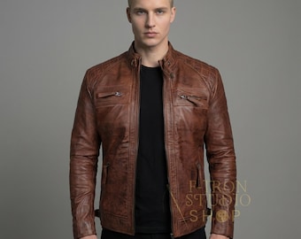 Handgefertigte Distressed Brown Leder Bikerjacke Herren Cafe Racer Jacke Custom Fit Alltagskleidung