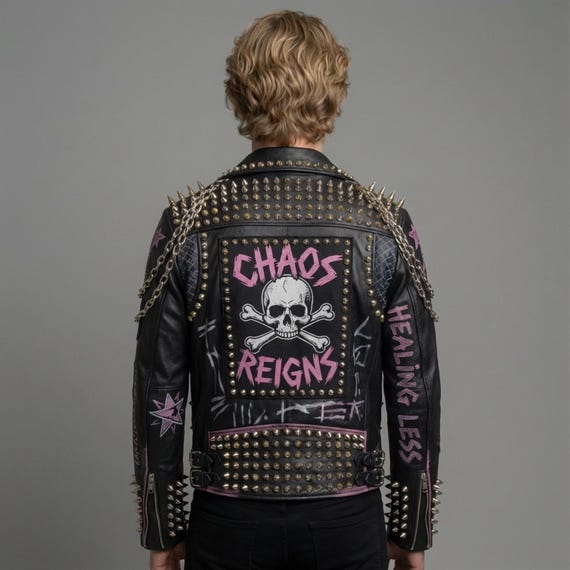 Handmade Punk Studded Leather Jacket Spikes Chains Hand Painted