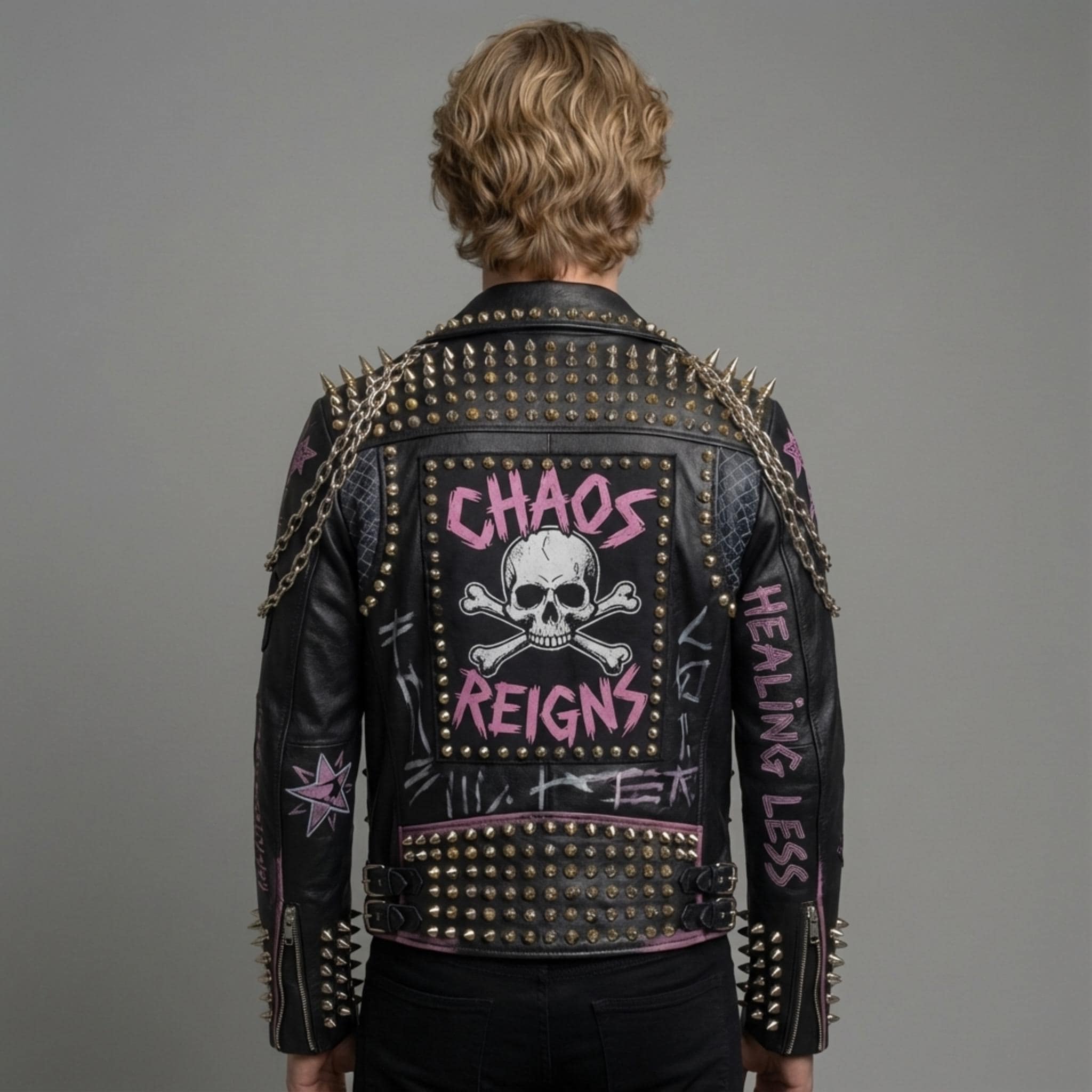 Handmade Punk Studded Leather Jacket Spikes Chains Hand Painted