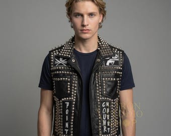 Studded Leather Vest Punk Biker Jacket Spiked Screen Print Top