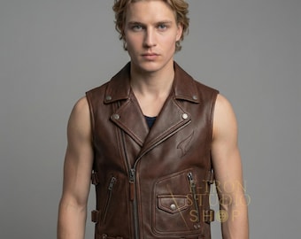 Handmade Distressed Brown Biker Leather Vest Mens Motorcycle Rocker Style Vintage Look