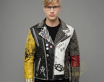 Hand Made Studded Leather Punk Biker Jacket Men,s Custom Rock star Style Motorcycle Coat.