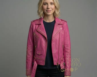 Women Pink Studded Leather Biker Jacket Handmade Gold Stud Motorcycle Fashion Jacket Gift Her