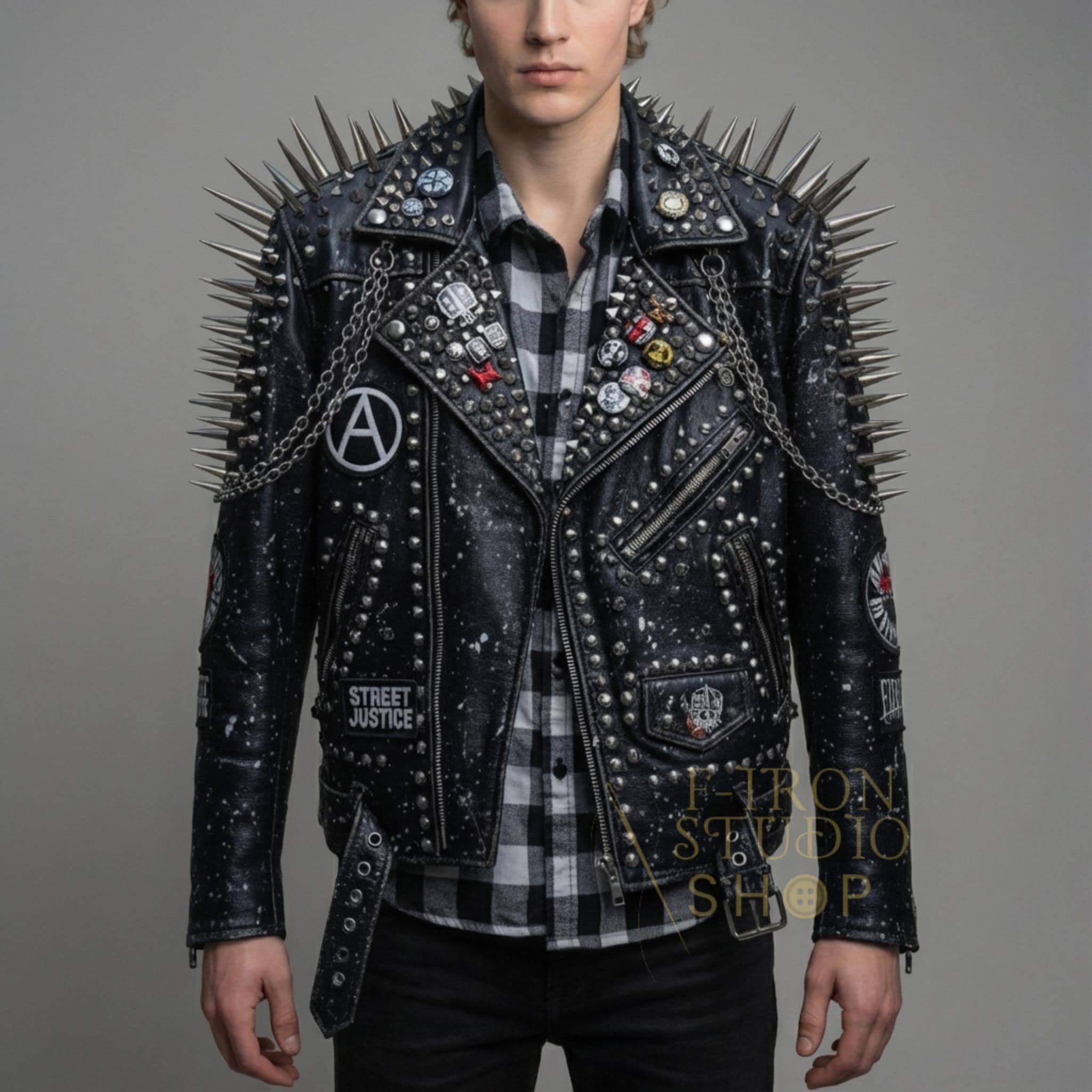 Handmade Studded Spiked Punk Rock Biker Leather Jacket Men's
