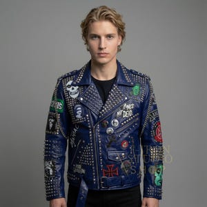 Handmade Blue Leather Jacket Men's Studded Punk Rock Biker Coat Custom Patches Motorbike Outerwear.