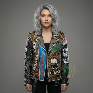May include: A black leather jacket with leopard print panels, studded accents, and patches. The jacket features the text "Crass" and "Circle Jerks". The jacket has a classic biker style with a notched collar and asymmetrical zipper.