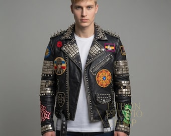 Handgemaakte heren bezaaid punk rock leren jack bikerstijl custom patches spikes heavy metal mode