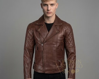 Handmade Leather Jacket Men Quilted Brown Biker Motorcycle Style Mens Cafe Racer Genuine Distressed Fashion Custom Outerwear