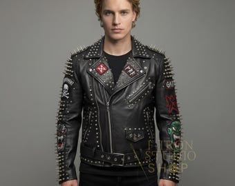 Mens Studded Leather Jacket Handmade Punk Rock Biker Moto Style Patches Custom Heavy Metal Studded Jacket