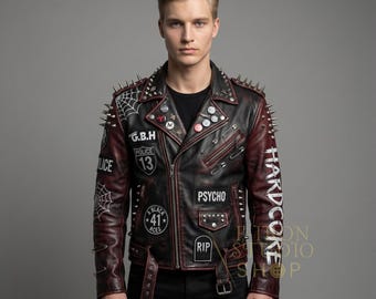 Men's Punk Rock Studwork Jacket – Spiked Leather, Gothic Patches