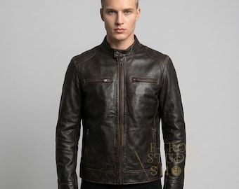 Mens Handmade Distressed Brown Leather Jacket Vintage Biker Style Cafe Racer Real Leather Outerwear