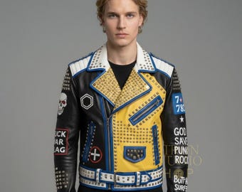 Men's Multi-studded Leather Jacket With Colorful Patches | Punk