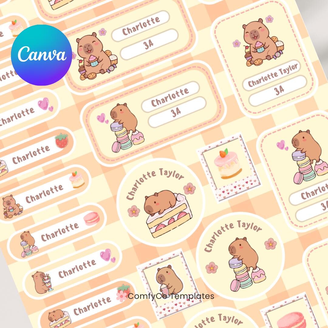 Editable Capybara and Dessert School Labels | Printable Name Tags for ...