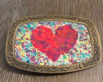 Boho Heart Belt Buckle - Colorful Geometric Mosaic Heart - Handmade Statement Piece - Brass Setting