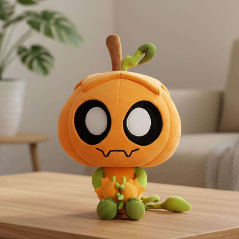 K&ouml;nnte beinhalten: Ein orangefarbener Pl&uuml;sch-K&uuml;rbis-Charakter mit gro&szlig;en schwarzen und wei&szlig;en Augen und gr&uuml;nen Akzenten. Der K&uuml;rbis hat einen braunen Stiel und eine gr&uuml;ne Ranke. Die Figur sitzt auf einer Holzoberfl&auml;che.