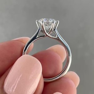 Round Moissanite Cathedral Engagement Ring, 14K White Gold Solitaire Ring, Tulip Setting Promise Ring, Bridal Wedding Ring, Anniversary Gift