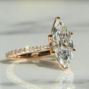 Marquise Moissanite Solitaire Engagement Ring, 14K Rose Gold Hidden Accent Pave Wedding Band, Lotus Cathedral Setting Ring, Promise Ring