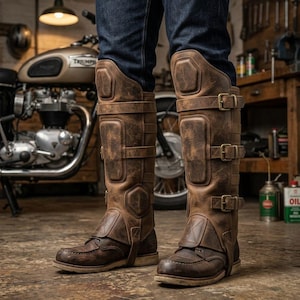 May include: A pair of knee-high brown leather motorcycle gaiters featuring reinforced padded shin guards and three adjustable buckle straps on each side. The gaiters are worn over dark brown leather boots, covering the lower legs and ankles.
