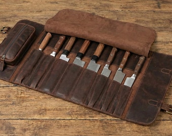 Handmade Chef Roll Bag | Professional Tool Case with 10 Slots & Pocket | Custom Engraved Gift