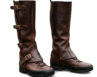 Handgefertigte Ledergamaschen | Antike braune Steampunk Boot Covers | Echtes Vollnarbenleder Gamaschen