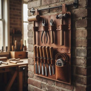 May include: A brown leather tool organiser with various tools hanging on a brick wall. The organiser holds chisels, pliers, a hammer, and a measuring tape. The tools have wooden handles and are arranged neatly.