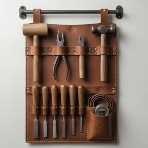 May include: A brown leather tool roll displaying a selection of woodworking tools, such as hammers, chisels, and pliers. The tools are organised in individual slots and pockets. The roll is suspended from a dark metal bar.