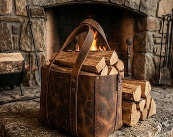 Leather Waxed Canvas Firewood Log Carrier Tote | Rustic Fireplace Wood Holder