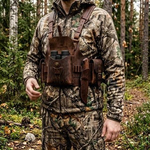 May include: A brown leather chest pack with multiple pockets and straps, designed to hold binoculars, a knife, and other hunting or outdoor gear. The pack is worn over a camouflage jacket and pants, suggesting a hunting or outdoor theme.