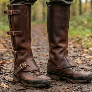 May include: A pair of brown leather knee-high boots with multiple buckle closures and a lace-up design. The boots are worn on a muddy forest path, suggesting outdoor or work wear. The boots have a rugged, durable appearance.
