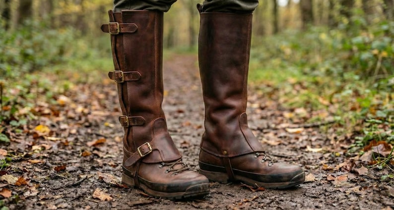 May include: A pair of brown leather knee-high boots with multiple buckle closures and a lace-up design. The boots are worn on a muddy forest path, suggesting outdoor or work wear. The boots have a rugged, durable appearance.