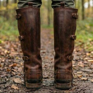 May include: A pair of brown leather knee-high boots with multiple buckle closures. The boots have a distressed finish and are worn on a path covered in fallen leaves. The boots are a classic style, suitable for outdoor activities.