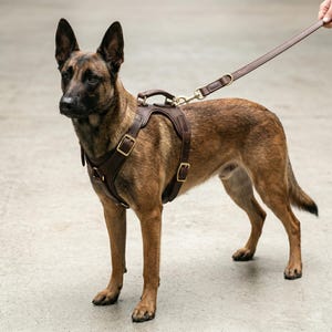 May include: A brown and black dog wearing a brown leather harness with gold-colored hardware and a matching leash. The dog is standing and looking to the left. The harness has a handle on the top.